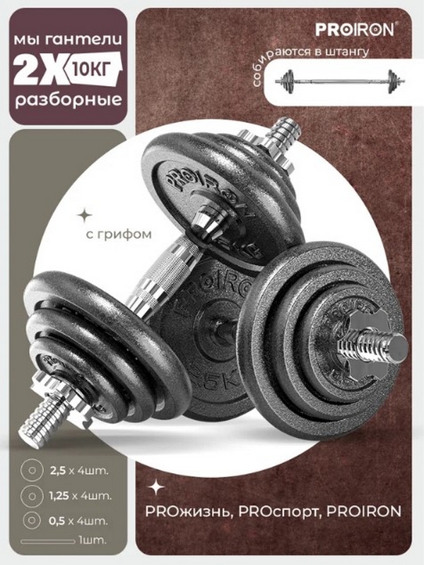 Гантели разборные из чугуна с грифом 2шт по 10кг PROIRON Г2100Ч
