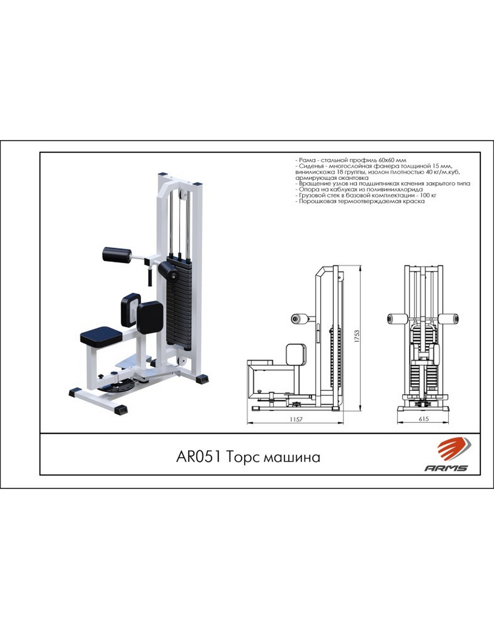 Торс-машина AR051 ARMS со стеком 100 кг | Premium Fitness