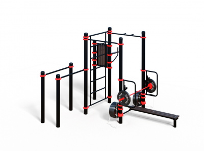 Уличный комплекс для воркаута WORKOUT-FIT - 04 с штангой для жима лежа, брусьями, шведской стенкой и турниками Stecter