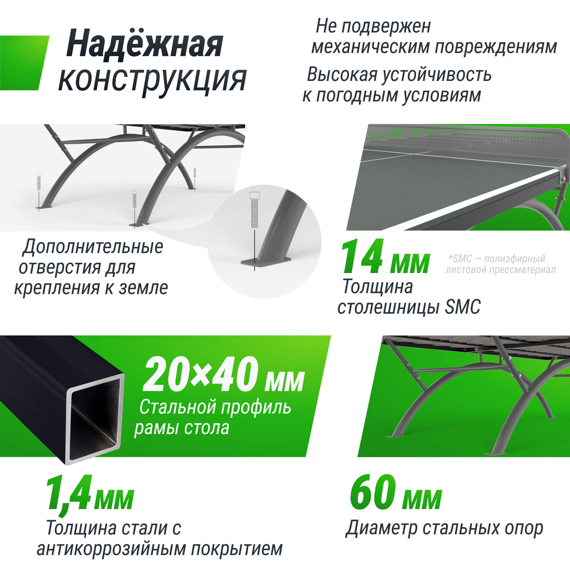 Антивандальный теннисный стол Unix Line 14 mm SMC TTS14ANVGYGY Grey\Grey