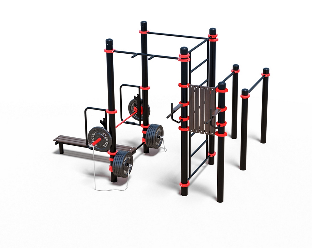 Уличный комплекс для воркаута WORKOUT-FIT - 04 с штангой для жима лежа, брусьями, шведской стенкой и турниками Stecter