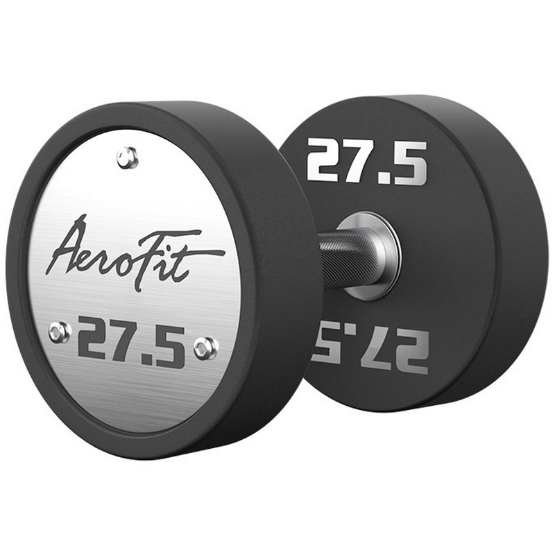Набор полиуретановых гантелей, 27,5-37,5 кг, 5 пар, шаг 2,5 кг AeroFit AFPUDB27.5-37 черный, рукоятки хромированные